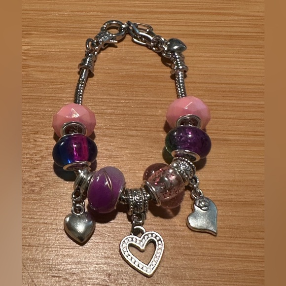 Hand Crafted Jewelry - European Style Charm Bracelet Pink/Purple  6 inch to 7.5 inch Wrist